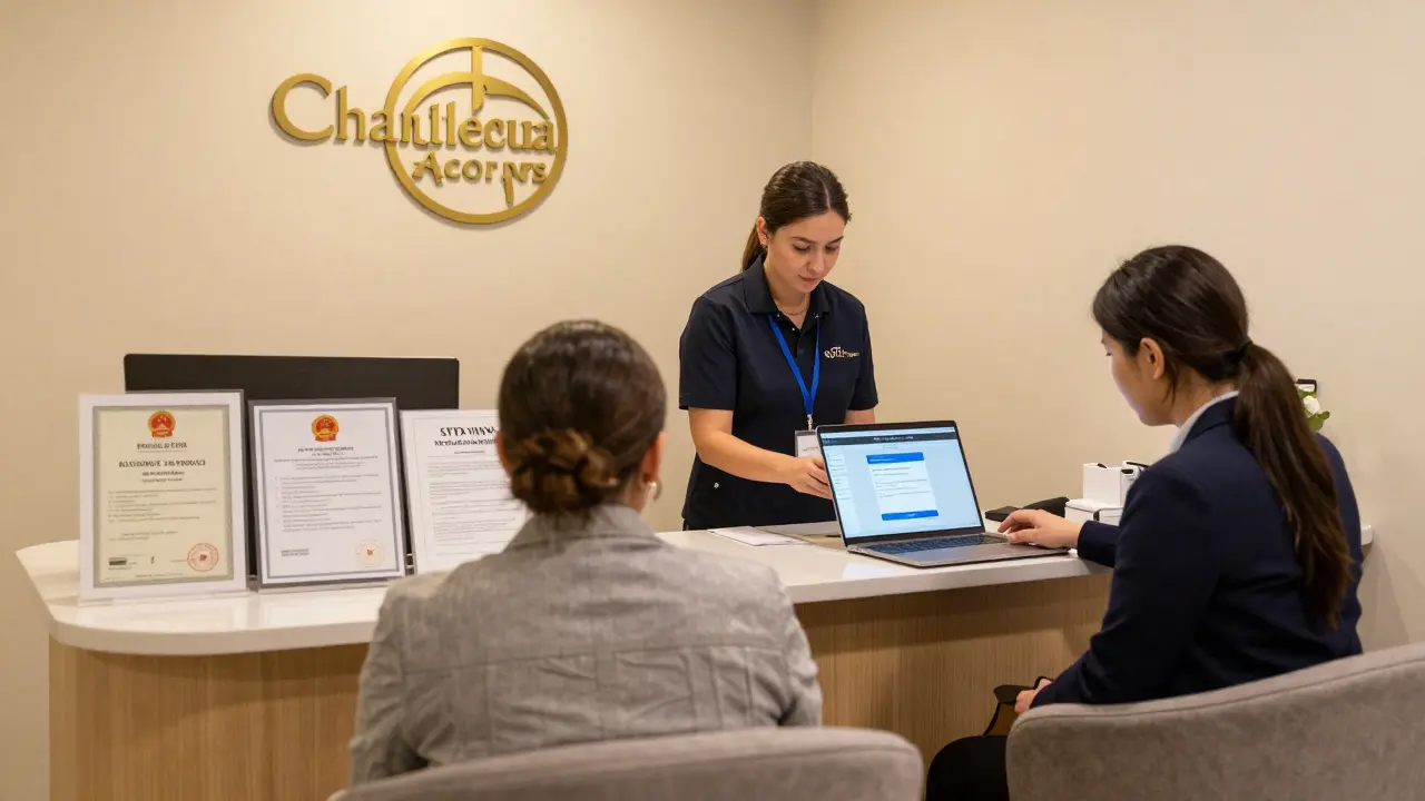 A licensed escort agency lounge in Berlin showing a reception desk with official licenses and health certificates, emphasizing safety and legality.