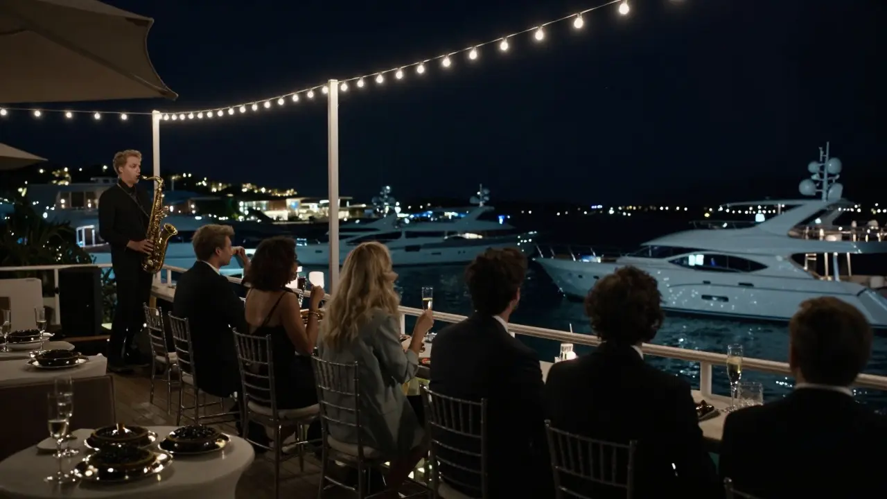 A luxurious rooftop lounge overlooking yachts at night, with a live saxophonist playing under string lights.