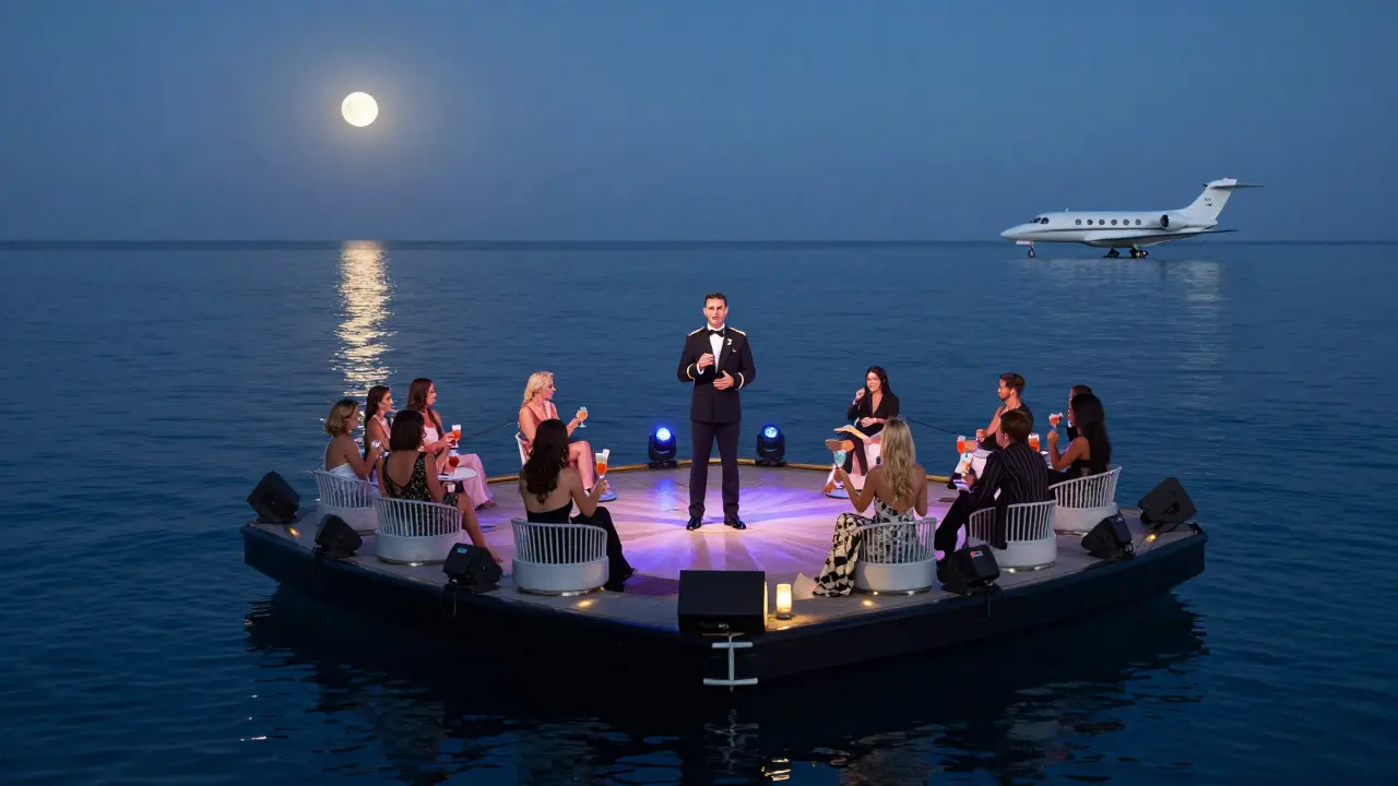 A luxury yacht nightclub on the water at night, with guests dancing under moonlight and a private jet in the distant sky.
