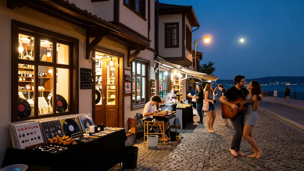 A midnight market in Çukurcuma with artists, music, and strangers dancing under fairy lights.