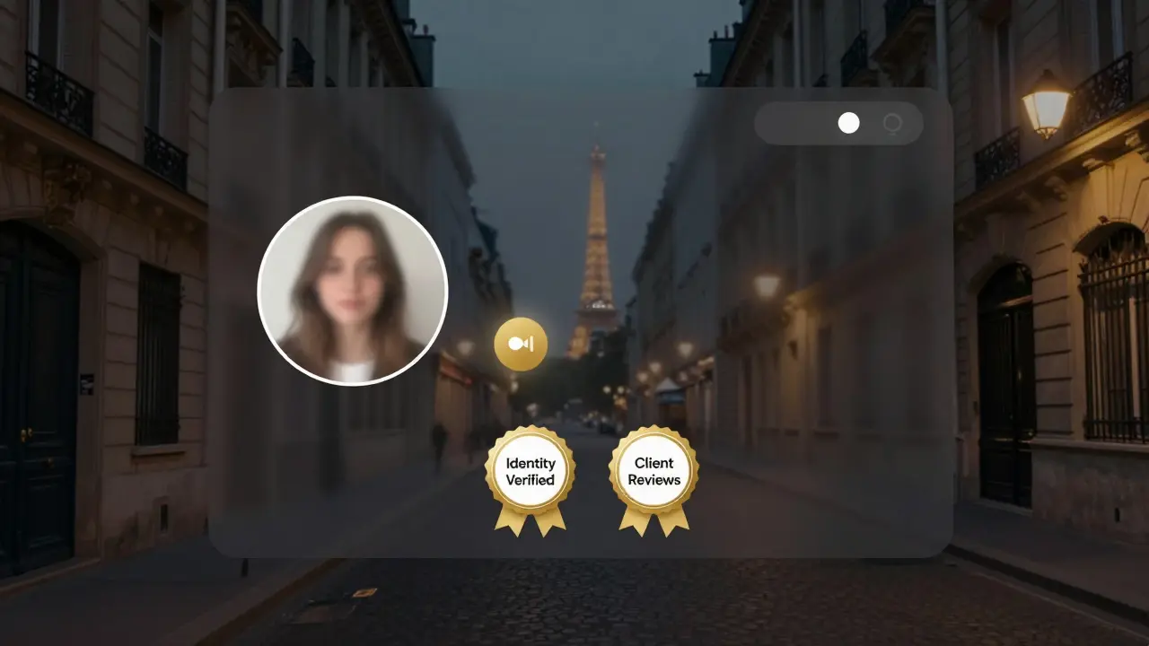 A minimalist verified escort profile with privacy badges on a subtle digital interface.