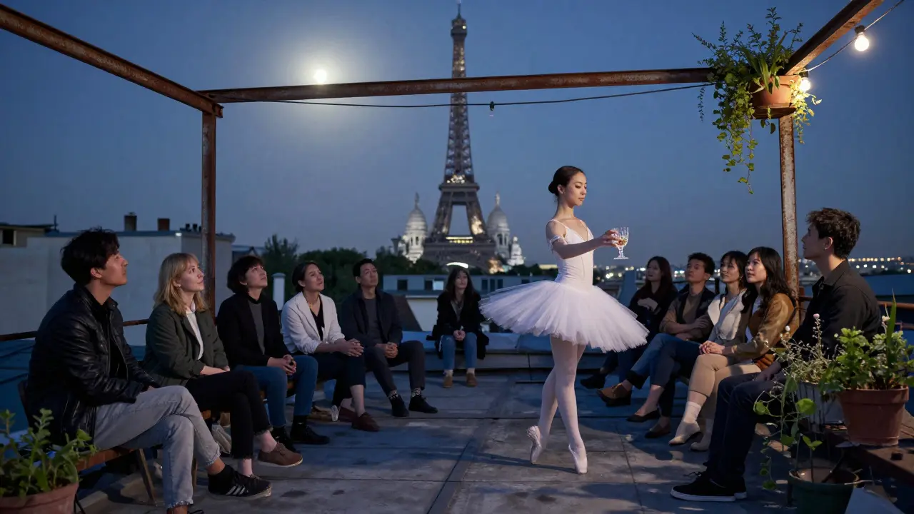 A quiet rooftop bar with a breathtaking view of Paris at night, where people sit in silent awe, sipping drinks under string lights and herbs.