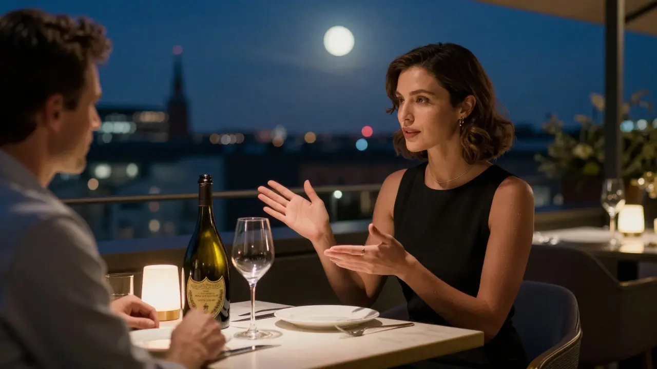 A refined rooftop dinner in Berlin, companions conversing under moonlight with fine wine and china.