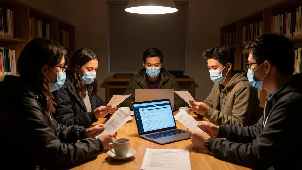 A secret support group meeting in a library, sharing safety information in quiet solidarity.