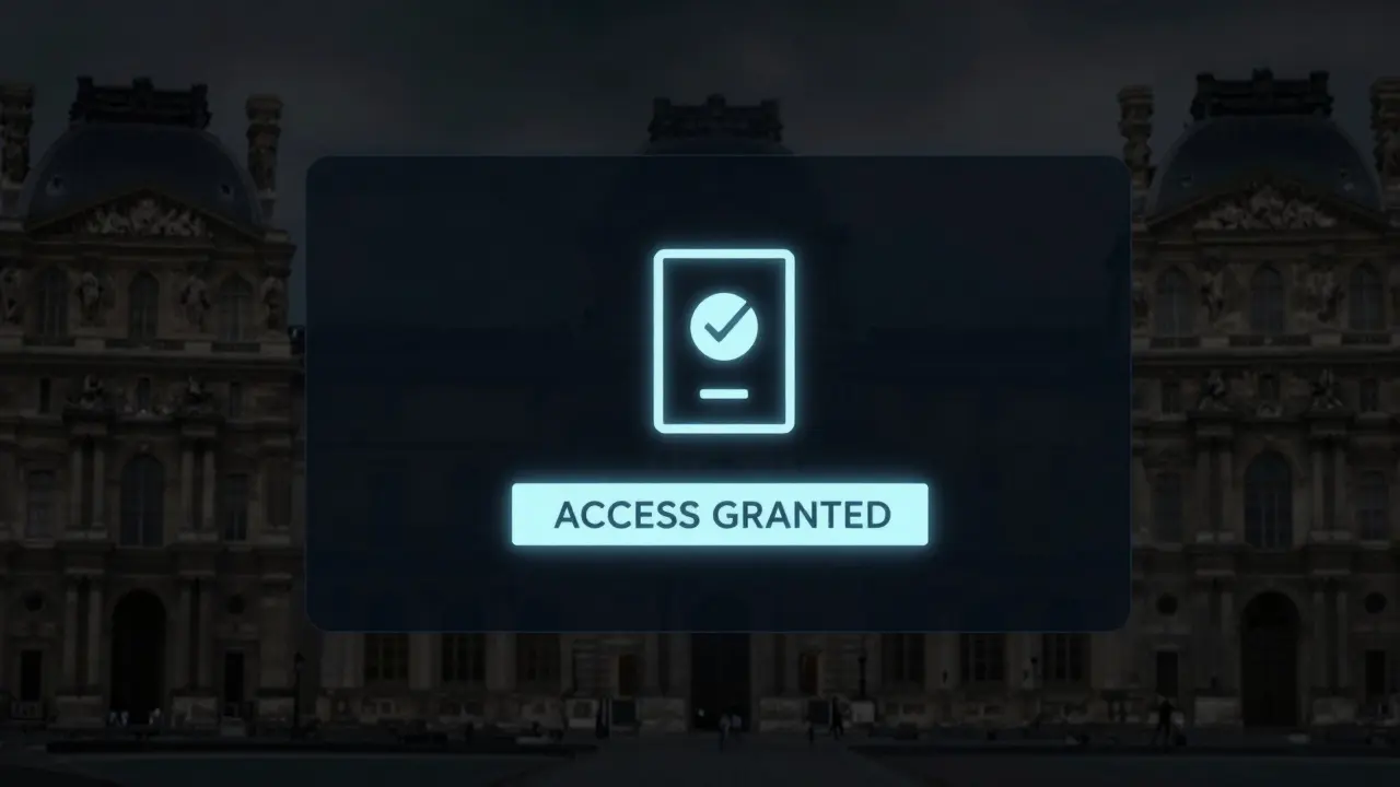 A secure digital access portal with a single confirmation code, glowing against a blurred Paris skyline.