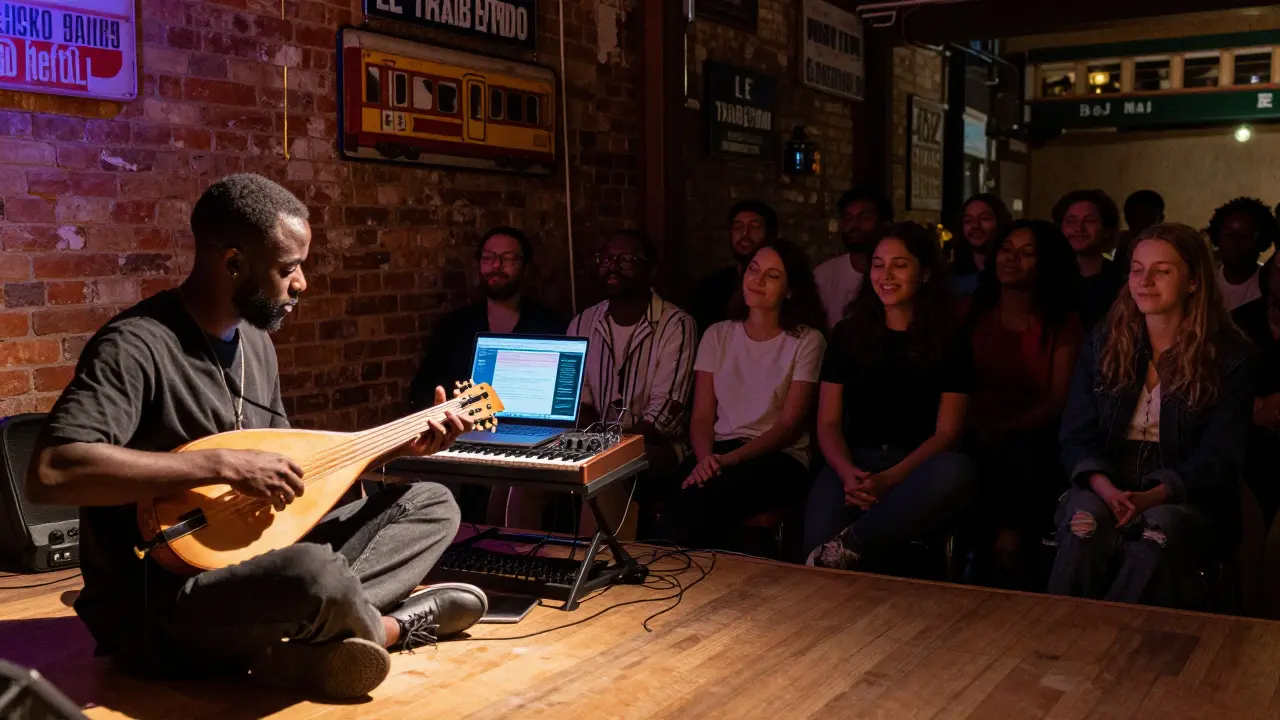 A Senegalese kora player and electronic producer performing together on a stage with exposed brick walls.