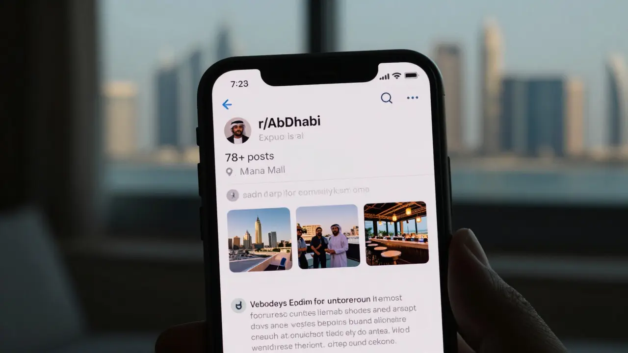 A smartphone screen displaying a trusted expat forum post with verified photos and positive comments from Abu Dhabi residents.