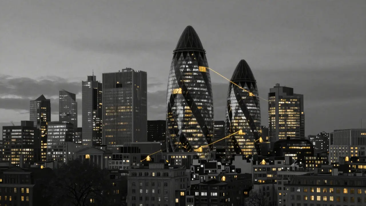A surreal London skyline with isolated figures connected by thin golden threads of human connection.