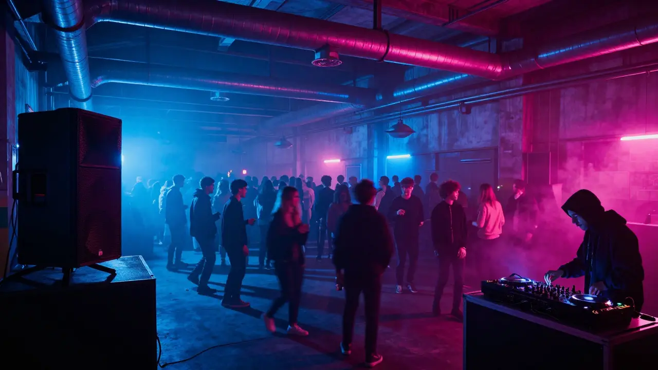 A warehouse rave with a crowd moving to deep bass under ambient colored lights in an industrial space.