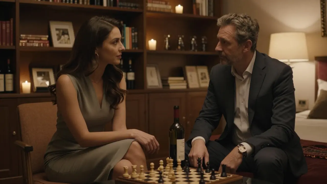 A woman and man having a quiet, emotional conversation over wine in a Milan hotel room.