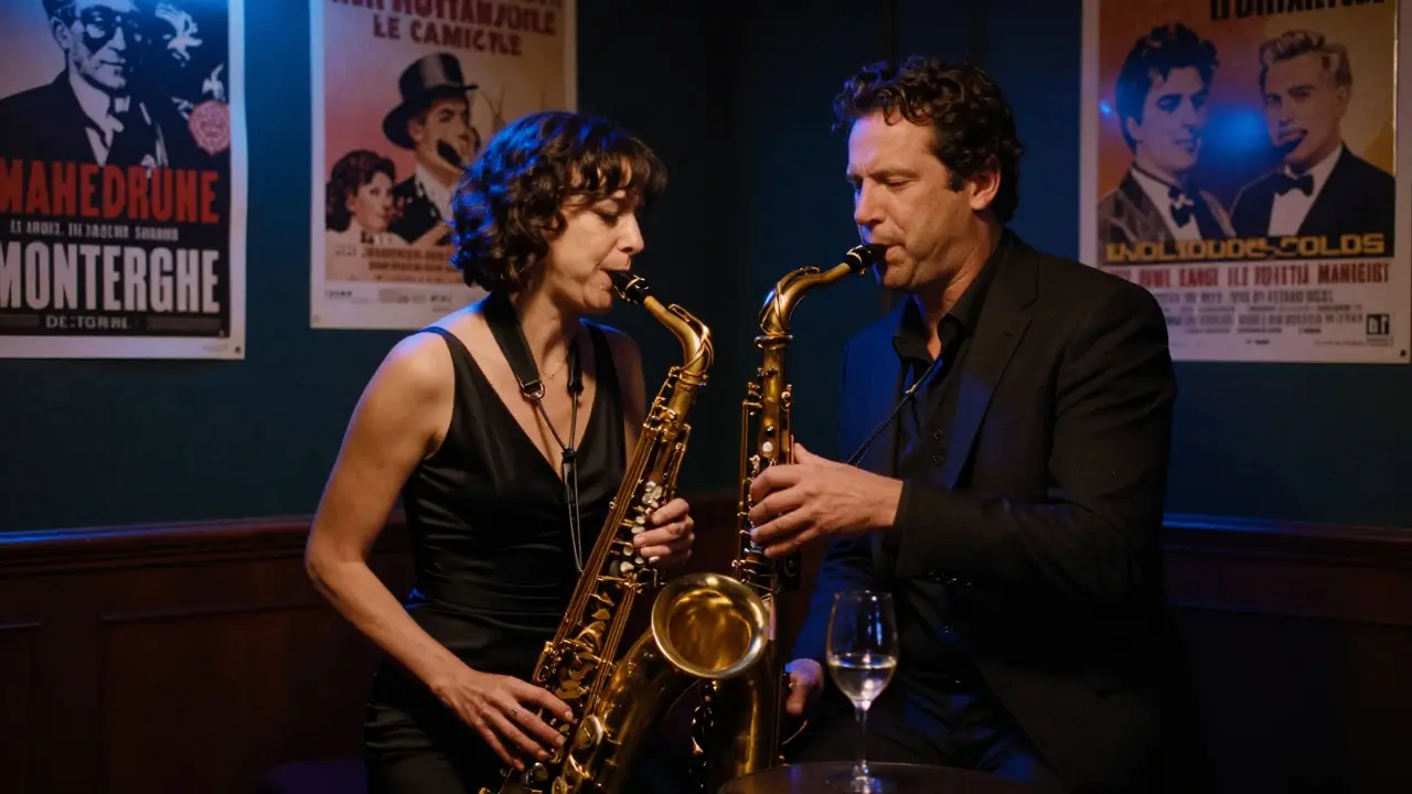 A woman listening to a saxophonist in a dimly lit Montmartre jazz club.