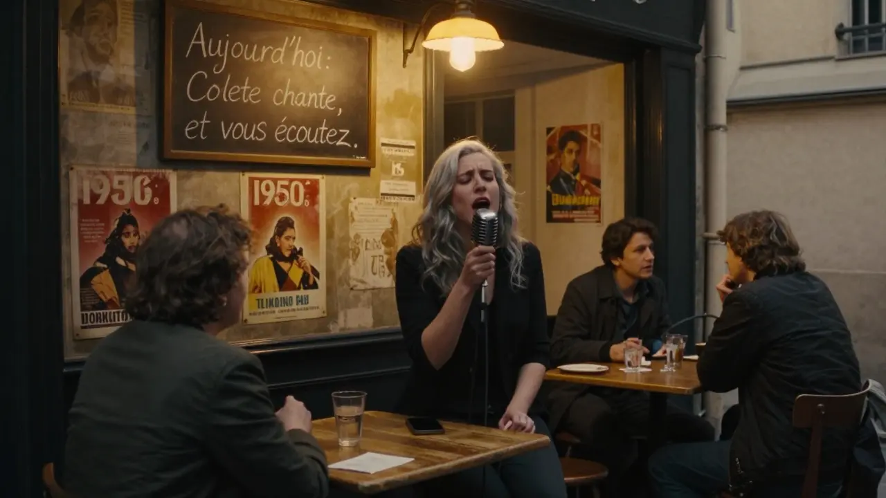 A woman sings chanson in a basement bistro lined with vintage posters, as locals gather at wooden tables under warm lamplight.