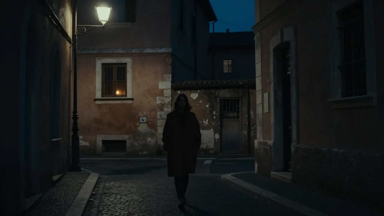 A woman walking alone at night in Milan, a single candle glowing in a window behind her.