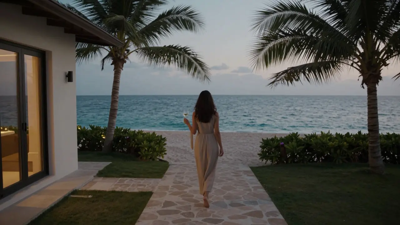 A woman walks alone along a private beach at twilight in Abu Dhabi, serene and elegant, with ocean lights reflecting behind her.