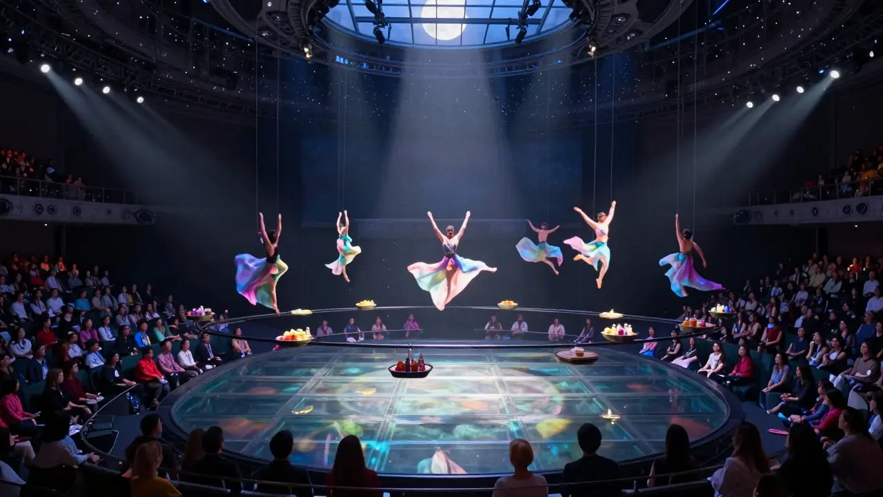 Acrobats performing above a glass dance floor as floating drink trays glide through the air.