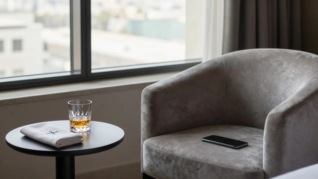 An empty high-end hotel suite with a whiskey glass and face-down smartphone, suggesting a discreet, recent departure.