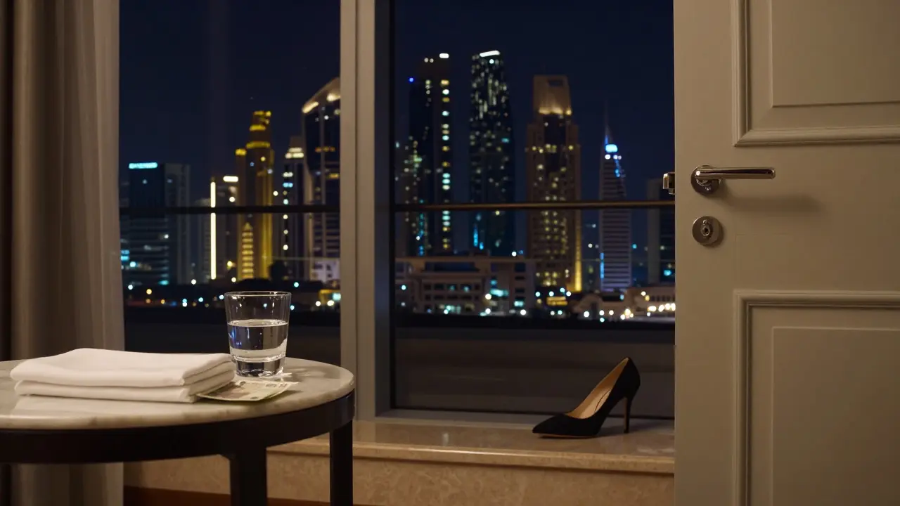 An empty luxury hotel room at night, with a banknote and a single shoe left neatly, suggesting a respectful and timely departure.