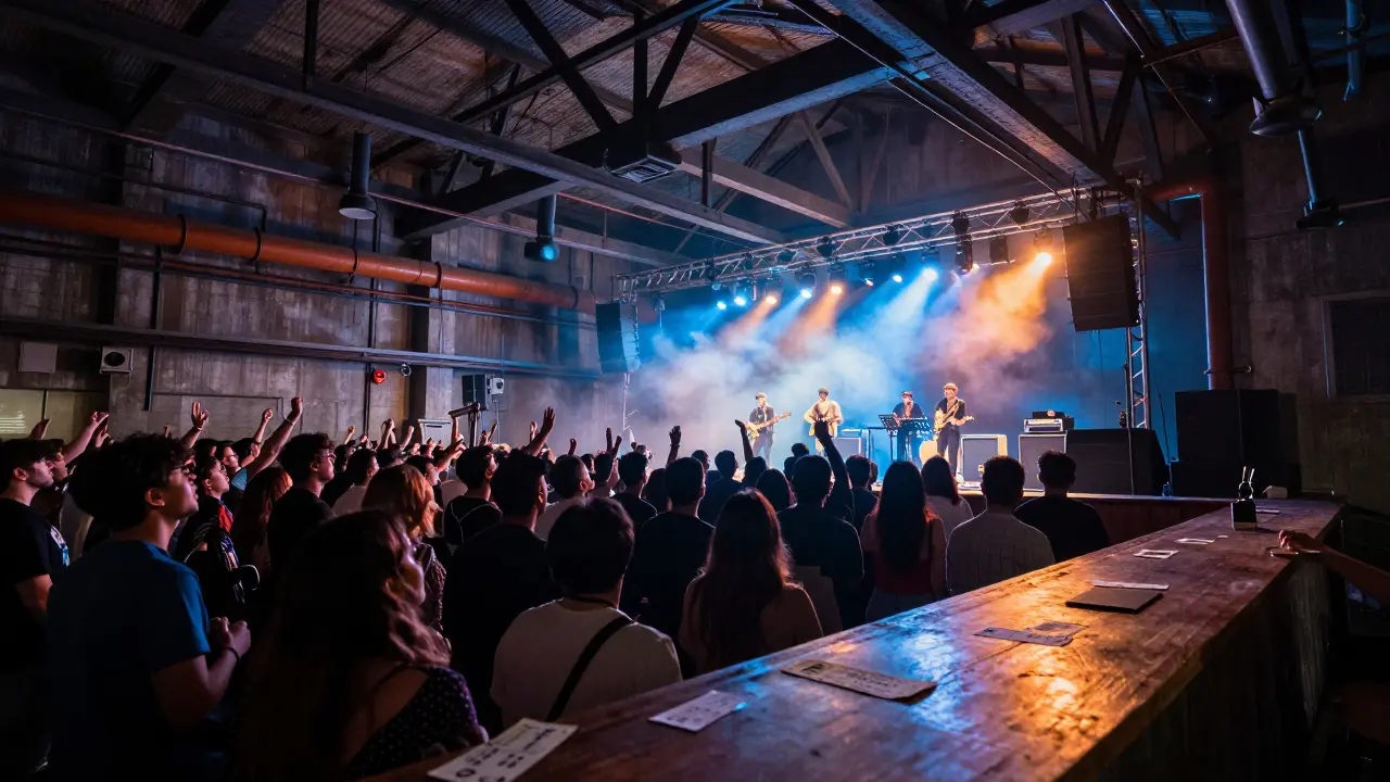 An energetic rock concert in an industrial venue with crowd swaying under glowing stage lights.