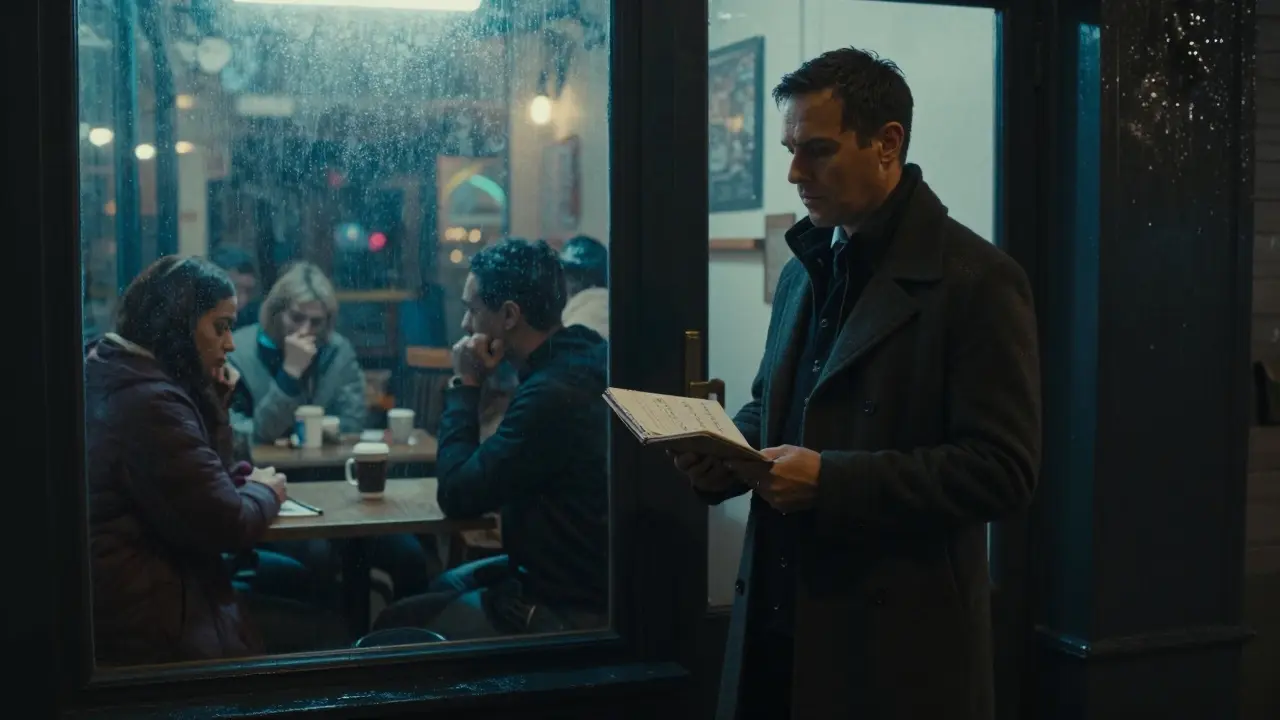 An escort in Camden notes client details in a notebook outside a quiet café at night.