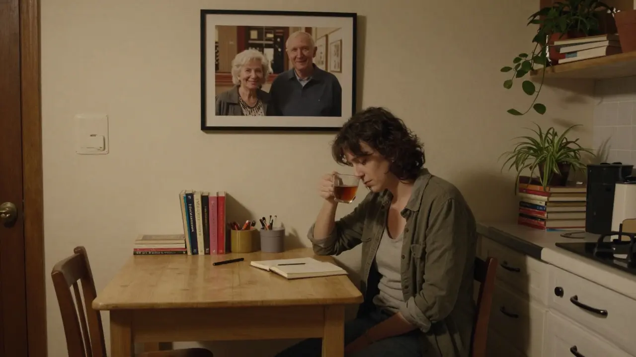 An escort writing in a journal at night, with a photo of them and an elderly client on the wall.