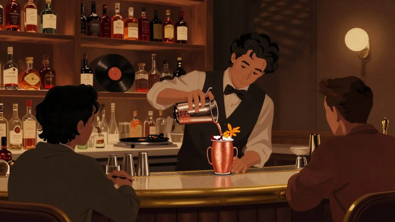 An intimate cocktail bar with a mixologist crafting a specialty drink under warm dim lighting.