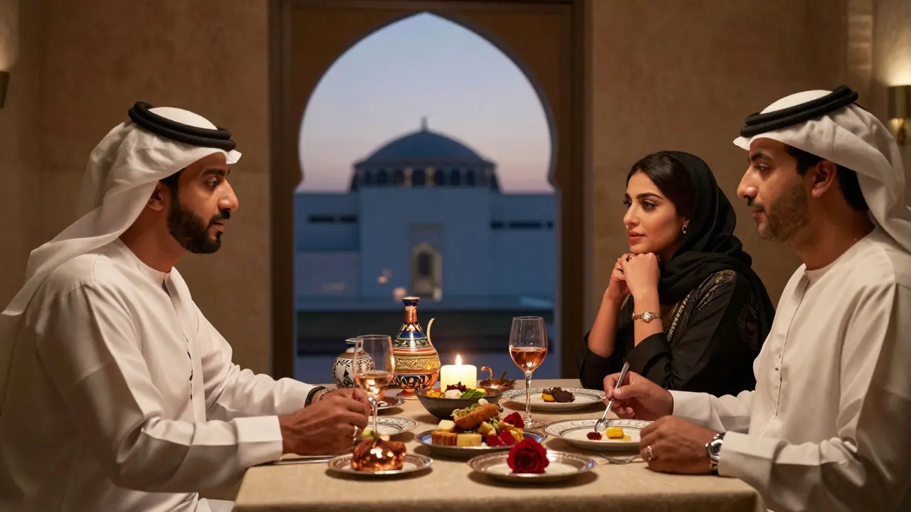 An intimate dinner at Al Diwaniya with a refined companion and client, candlelit, surrounded by Emirati ceramics and the distant glow of Louvre Abu Dhabi.