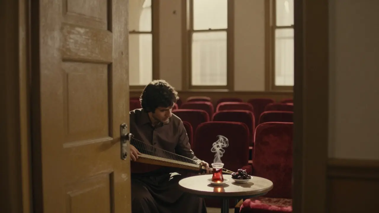 An intimate theater setting with a solo santur player performing in warm, quiet golden light.