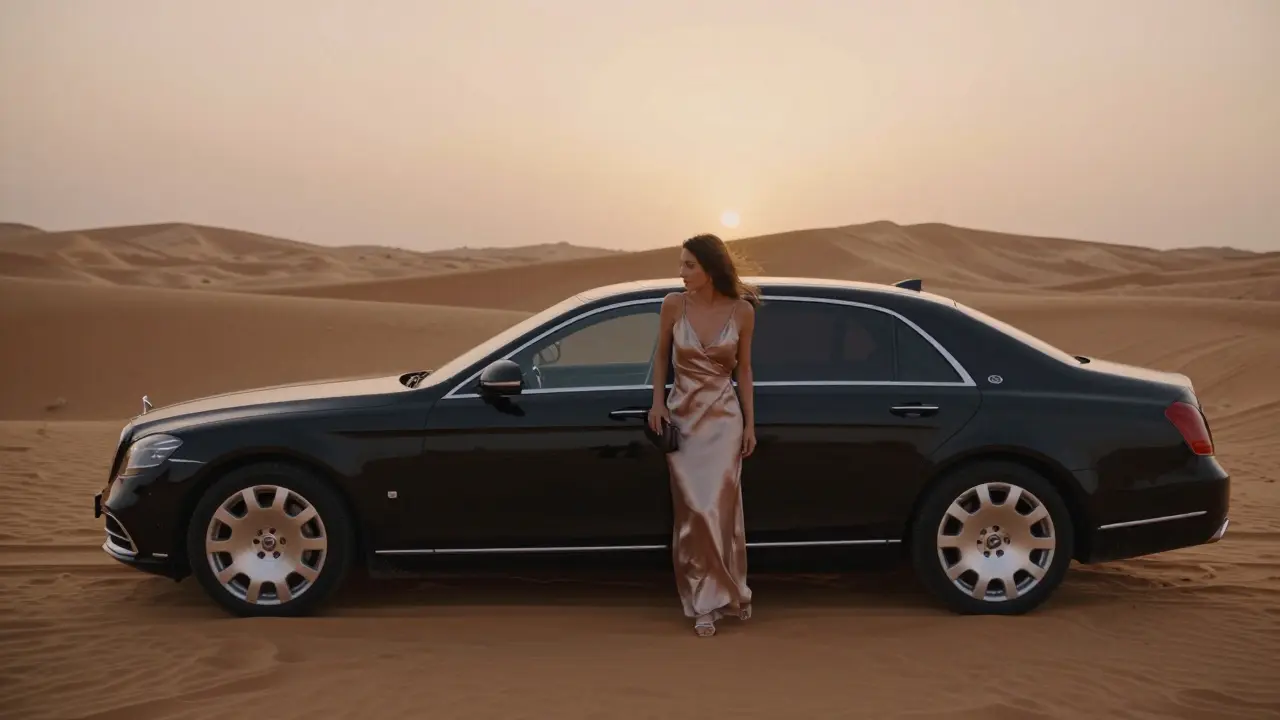 An unmarked luxury car at sunset near the Dubai desert, a woman stepping out gracefully with no identifying marks visible.