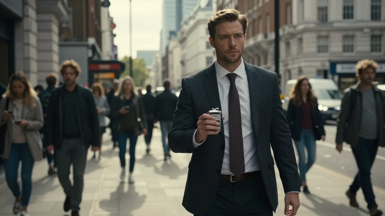 Business traveler using personal alarm in busy London street.