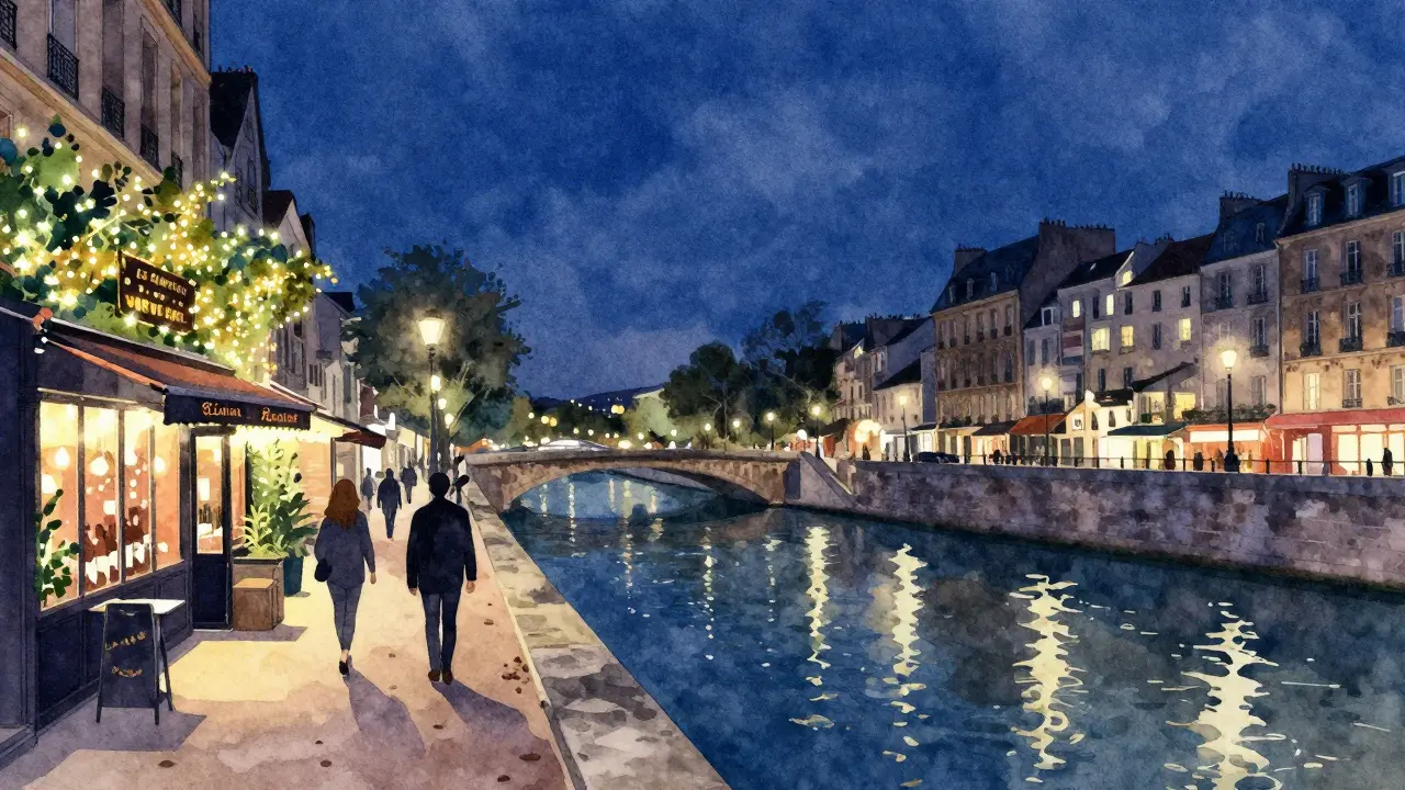 Canal Saint-Martin night scene with wine bar garden