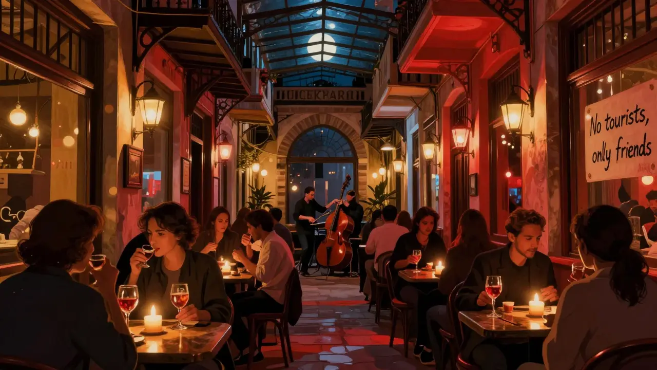 Çiçek Pasajı arcade at night with glowing bars, jazz musicians, and a hidden 'friends only' sign.