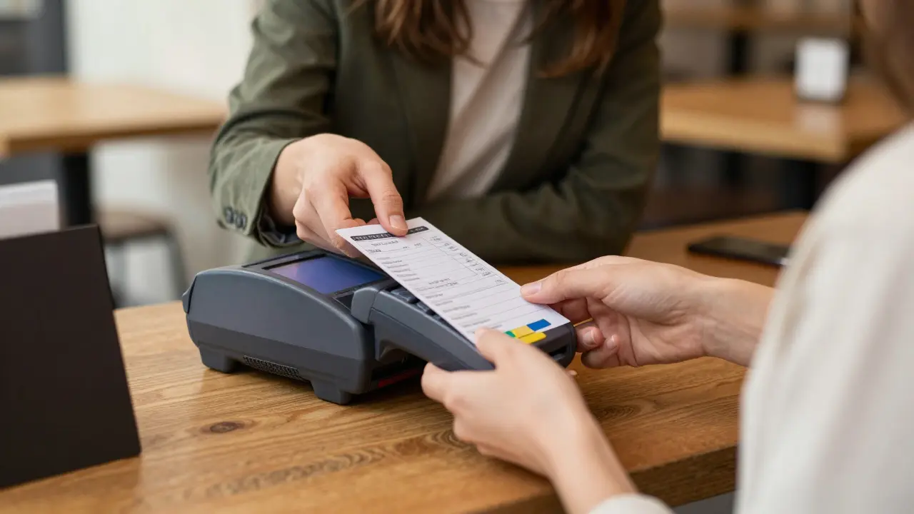 Client and provider verifying ID and using bank payment in café.