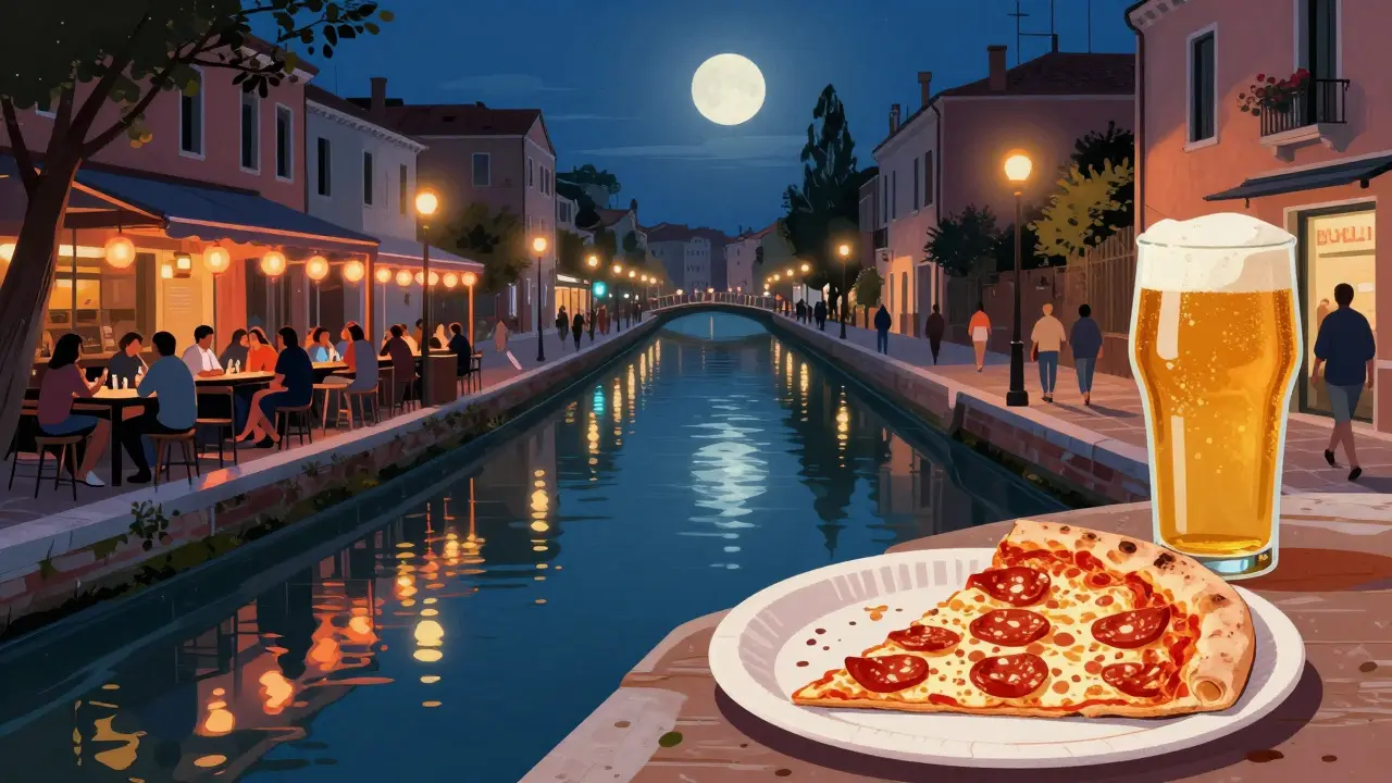 Couples and friends lounging by canal-side bars in Navigli, sipping craft beer and eating pizza under soft nighttime lights.