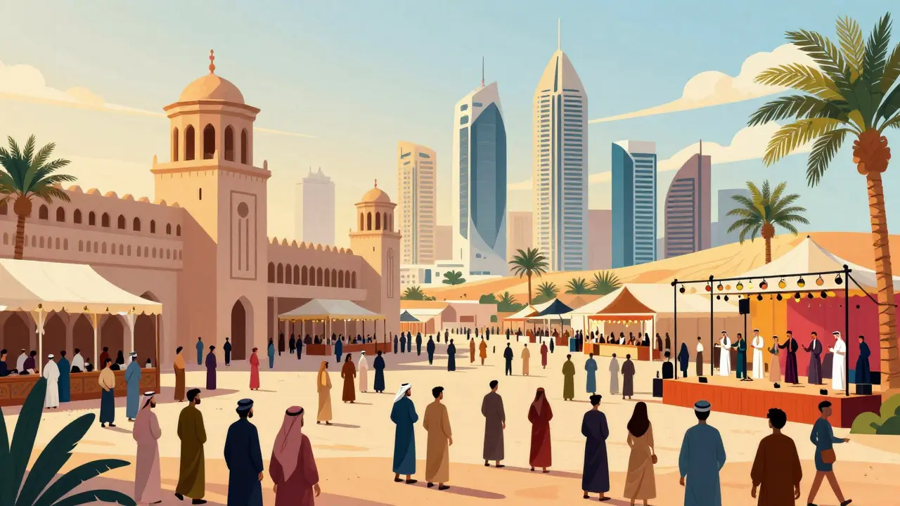 Crowd at Abu Dhabi cultural festival under palm trees and modern architecture
