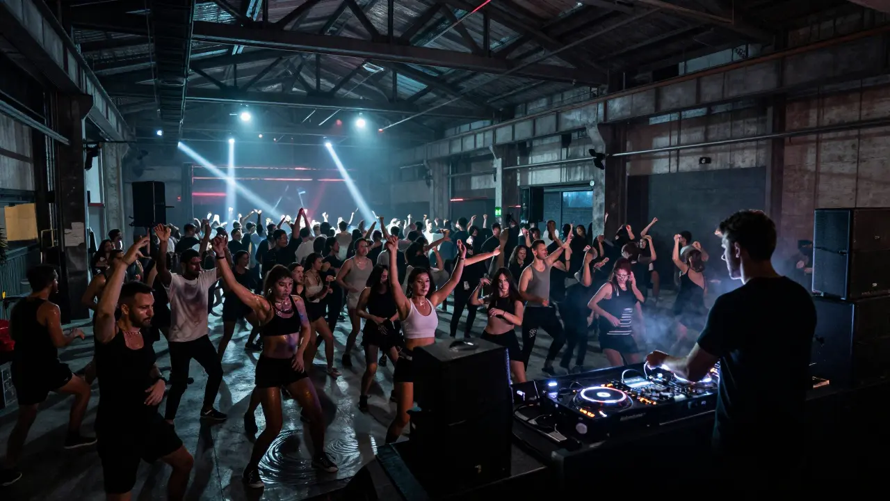 Crowd dancing in an underground Milan nightclub, strobe lights flashing over industrial interiors, bass vibrations felt visually.