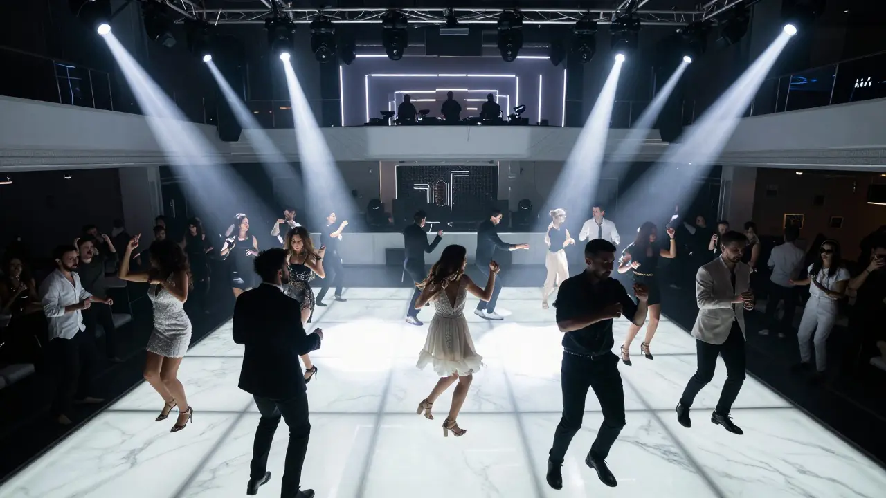 Crowd dancing under neon lights in a luxurious white marble nightclub at midnight.