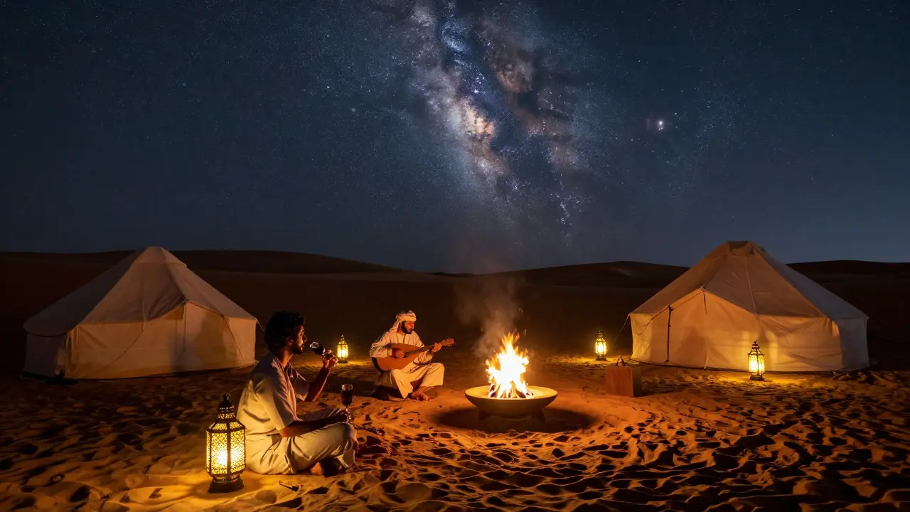 Desert lounge at night with lantern-lit tents, fire pit, and oud player under a star-filled sky.
