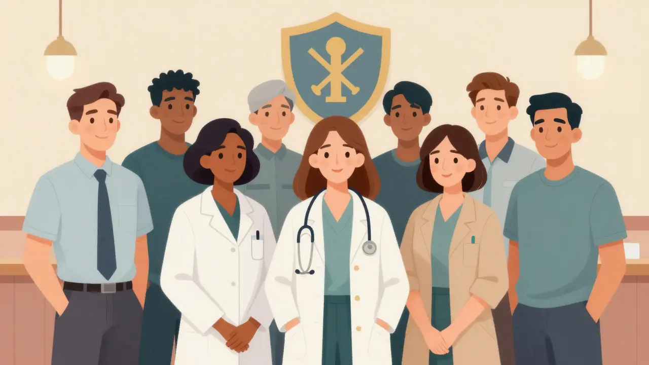 Diverse providers in regulated Berlin brothel with regulatory symbol.