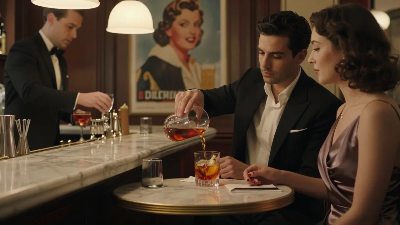 Elegant patrons at Café de Paris enjoying Negronis at a marble bar under soft lighting.