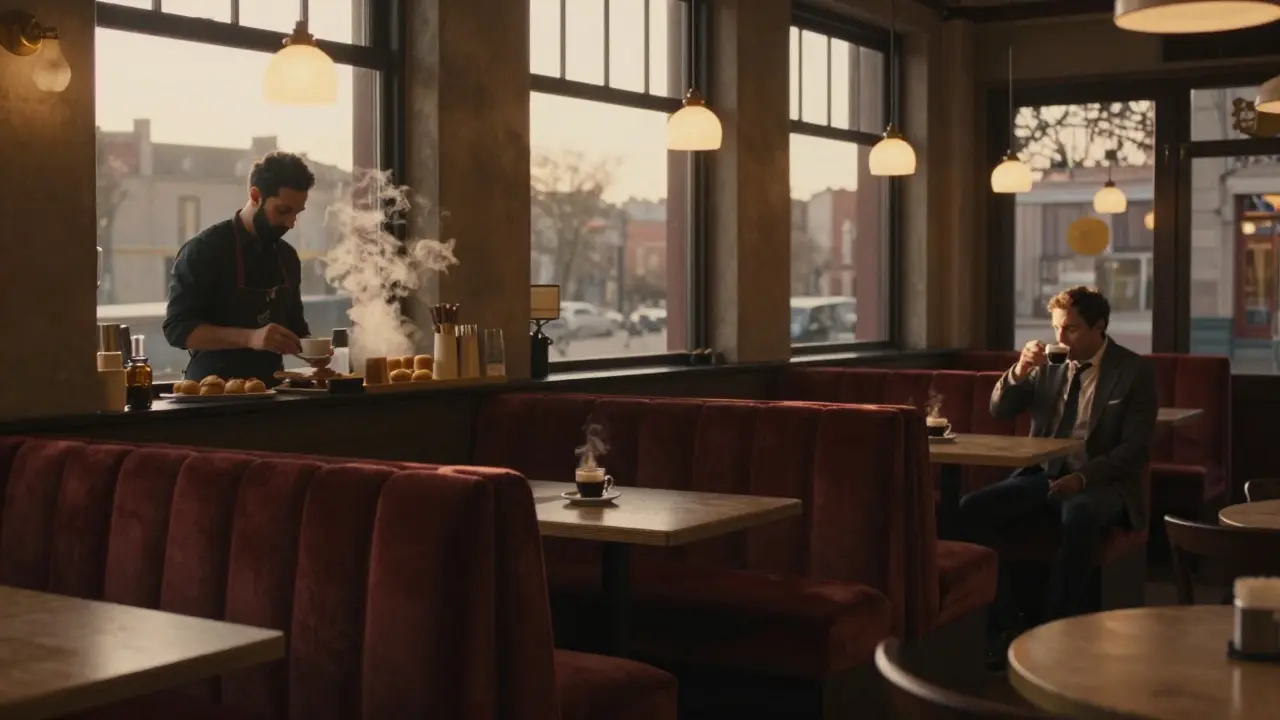 Empty Caffè Cova at dawn, a lone patron sipping espresso as morning light enters.