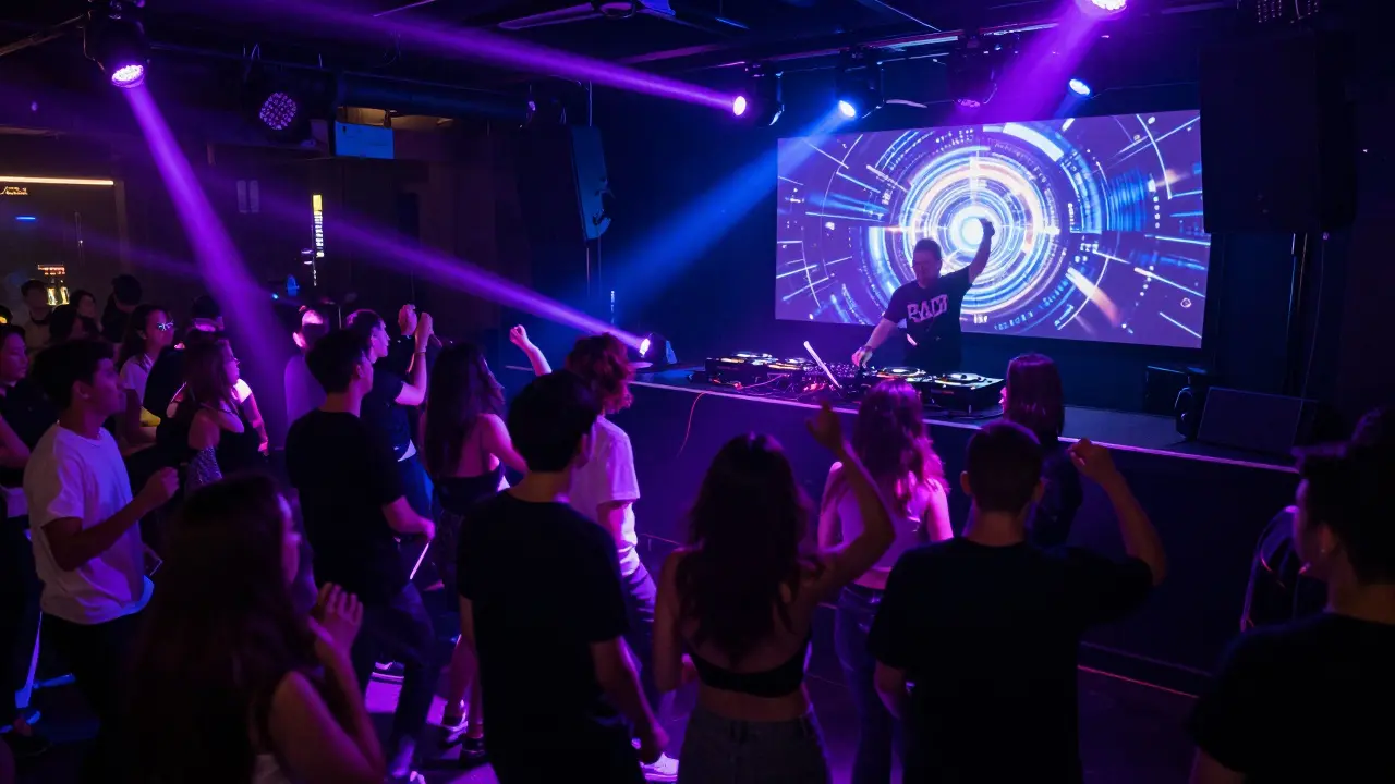 Energetic dance floor at Twisted club with neon lights and crowd.