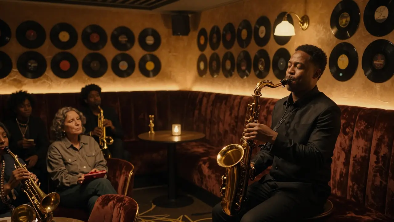 Intimate jazz club with a saxophonist playing to a quiet, reverent audience in velvet booths.