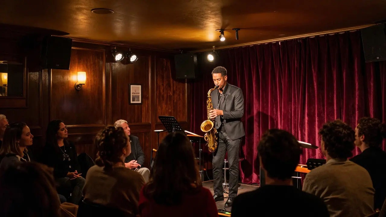Jazz club performance with saxophonist and audience