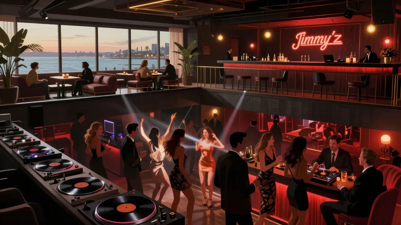 Jimmy’z nightclub’s three levels with lounge, dance floor, and intimate basement, diverse crowd mingling.