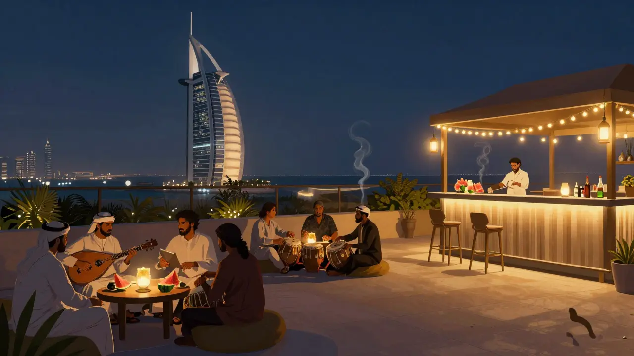 Relaxed guests enjoying live Arabic music and drinks on a rooftop with Palm Jumeirah in the background.