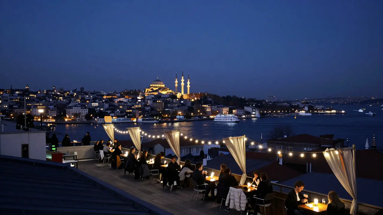 Rooftop bars in Istanbul overlooking the Golden Horn and historic skyline at midnight.
