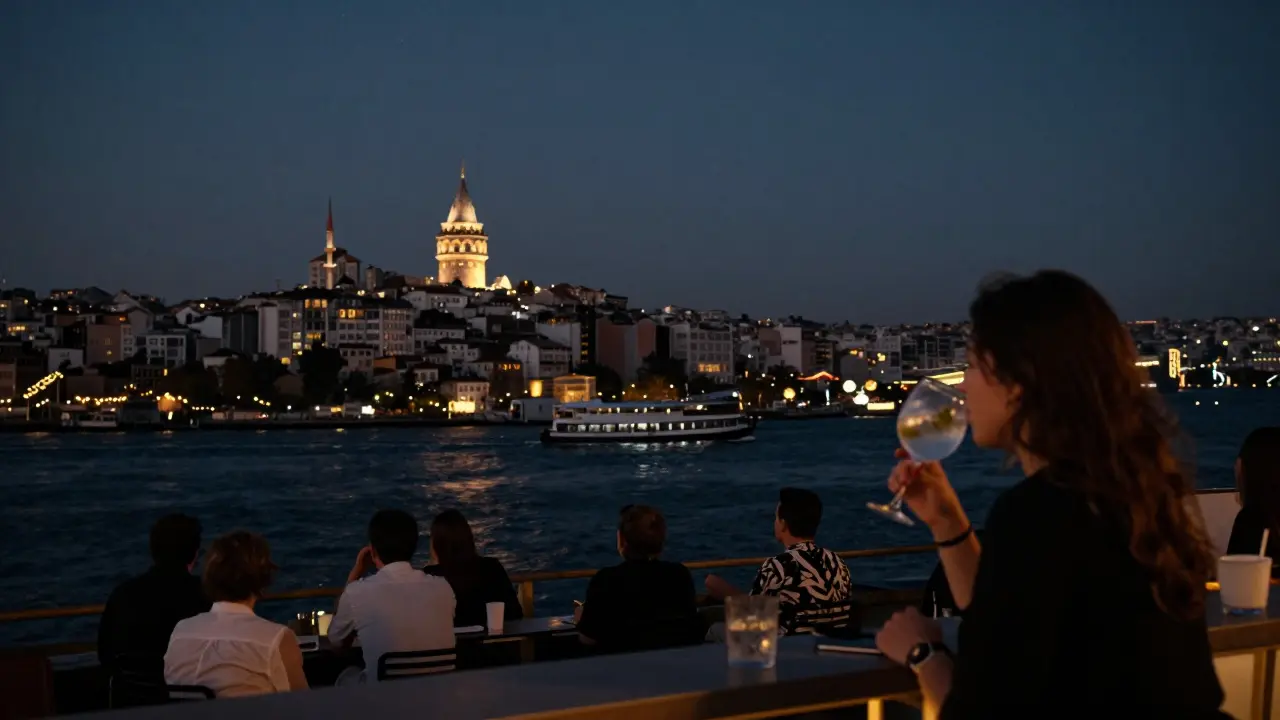 Serene rooftop view of Galata Tower and Bosphorus at night, with people quietly sipping drinks under starlight.