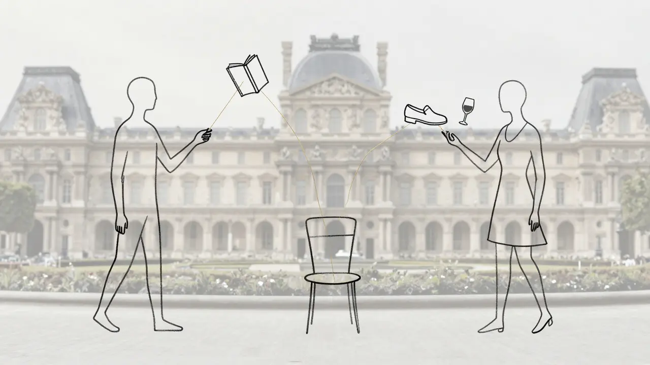 Three abstract figures in Paris are linked by golden threads to symbols of companionship: a book, wine glass, and shoes.