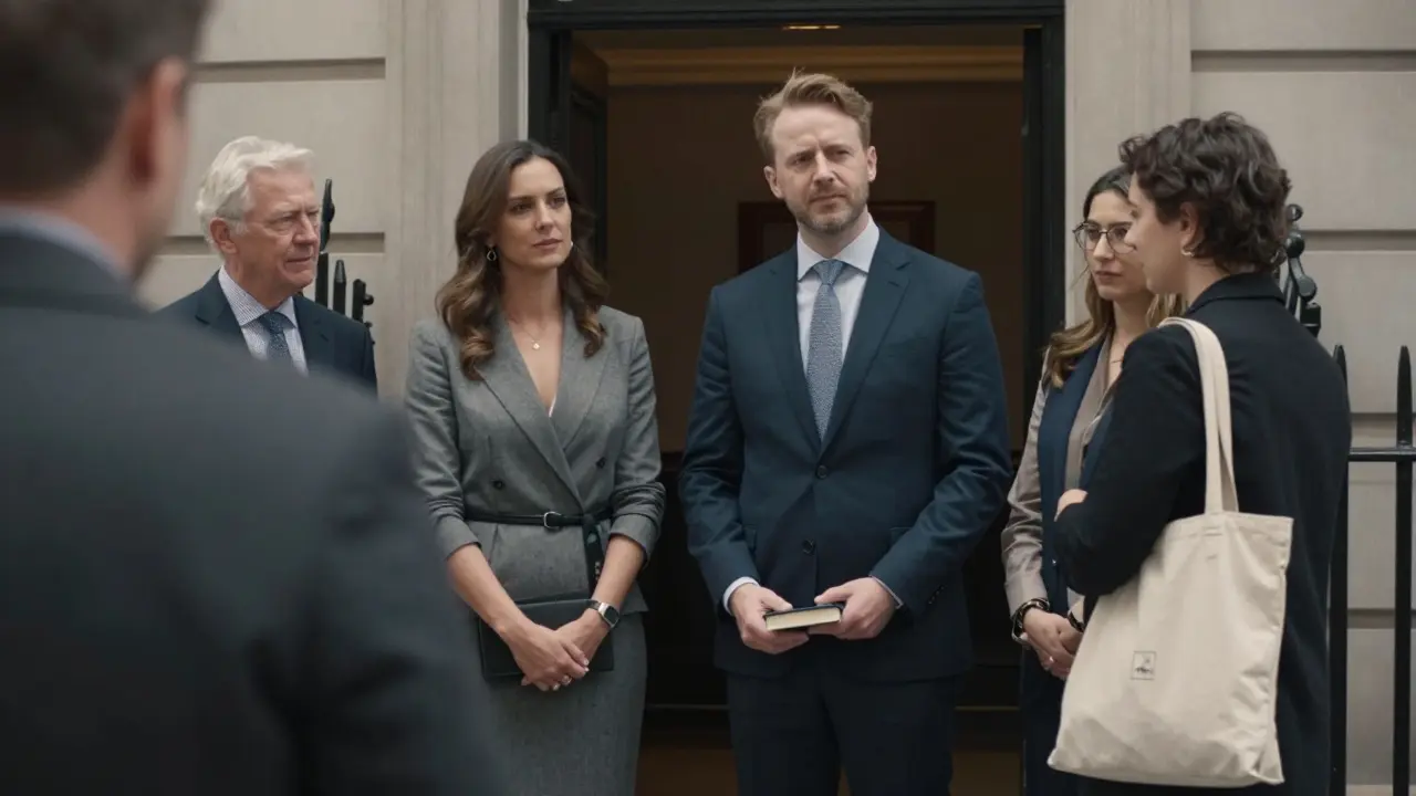 Three diverse individuals standing quietly outside a discreet entrance in Belgravia.