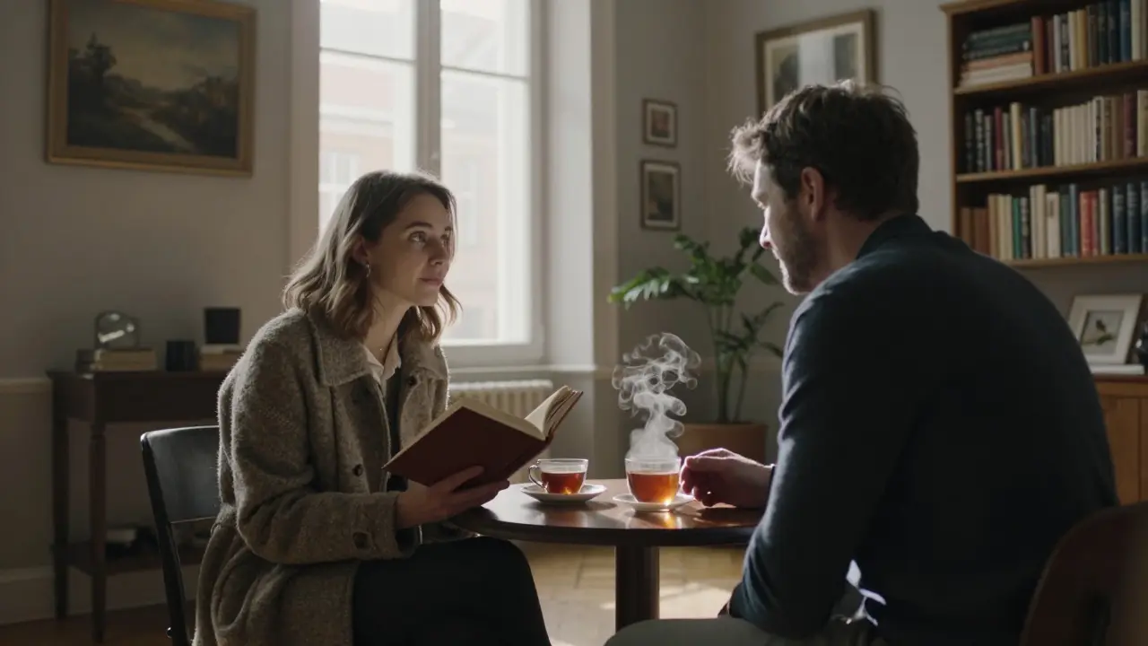 Two individuals in a historic Berlin apartment, sharing quiet connection over books and tea.